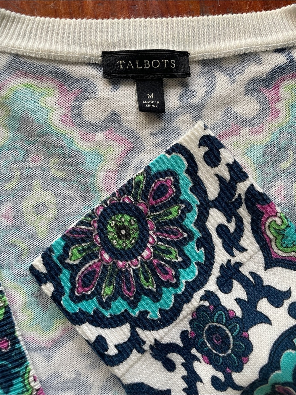 Talbots Teal, Navy & White Medallion Cardigan - Picture 2 of 9